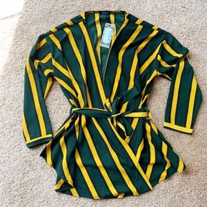 Stripe Wrap Tie Waist Blouse Green & Yellow NWT